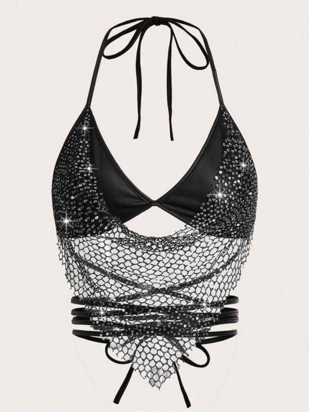 Black Rhinestone Halter Mesh Crop Top